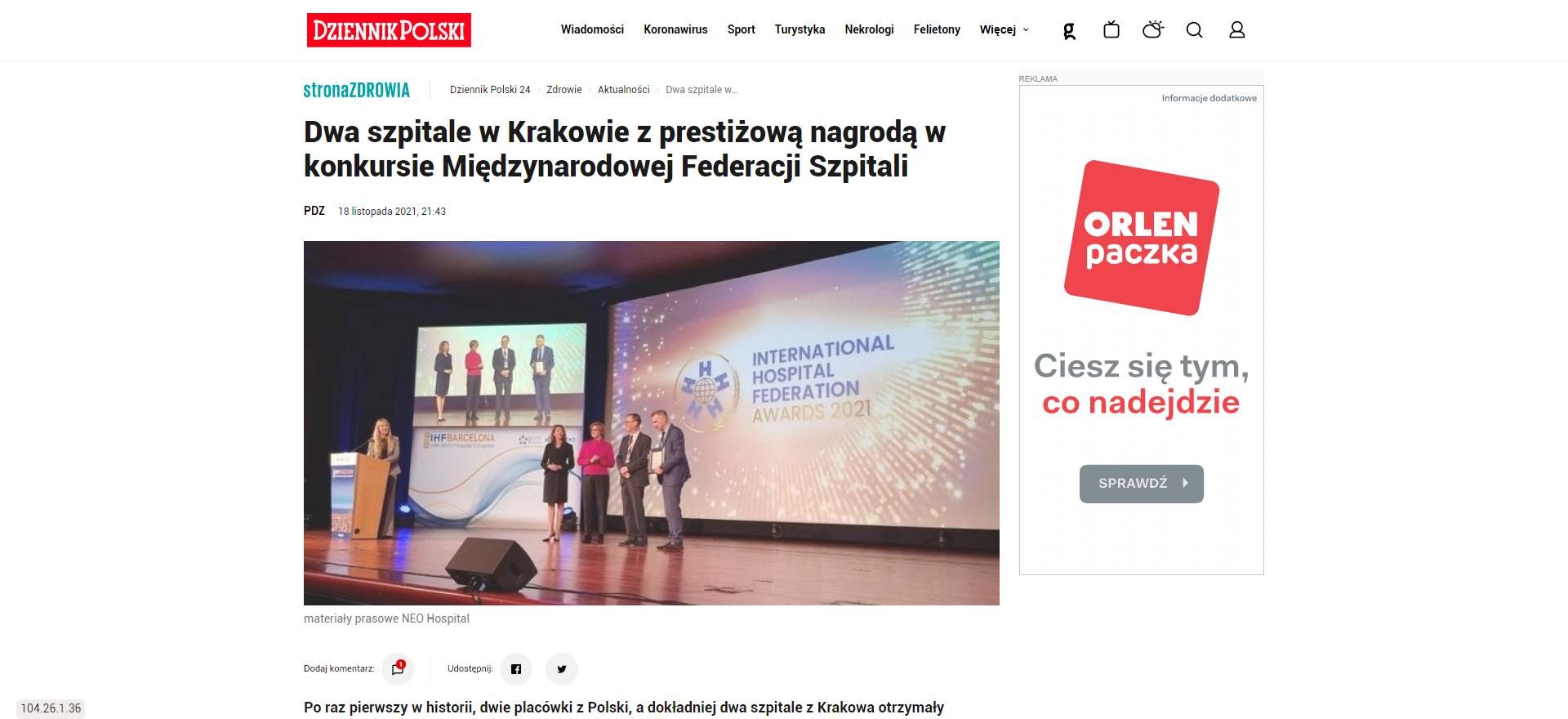 dwa szpitale w krakowie z prestizowa nagroda w konkursie miedzynarodowej federacji szpitali