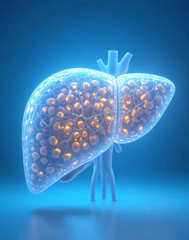 Illustration of a human liver with fat deposits, highlighting Non-Alcoholic Fatty Liver Disease (NAFLD) on a blue background.