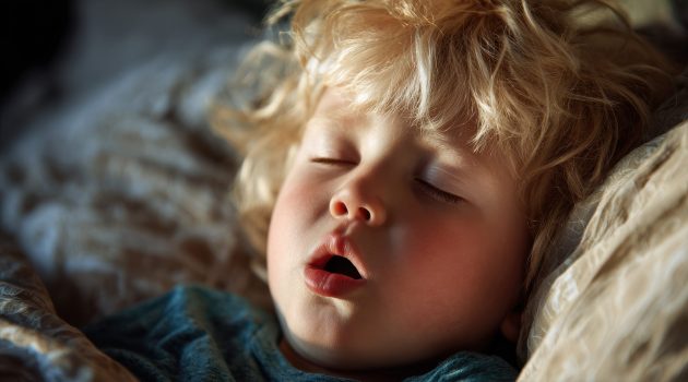 Kid Snoring. Little Blond Boy Sleeping Peacefully in His Bed