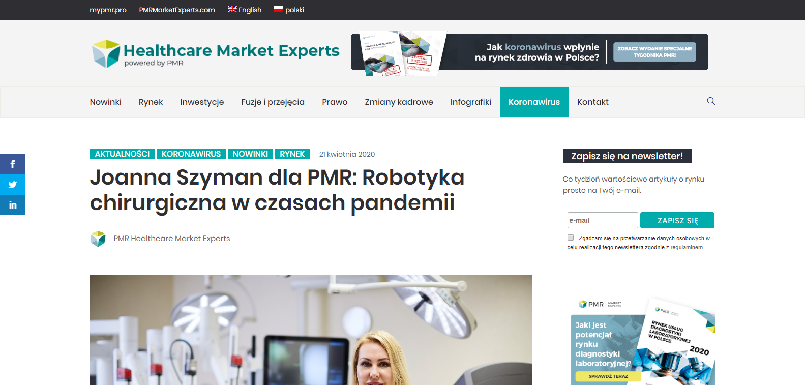 Joanna Szyman dla PMR Robotyka chirurgiczna w czasach pandemii
