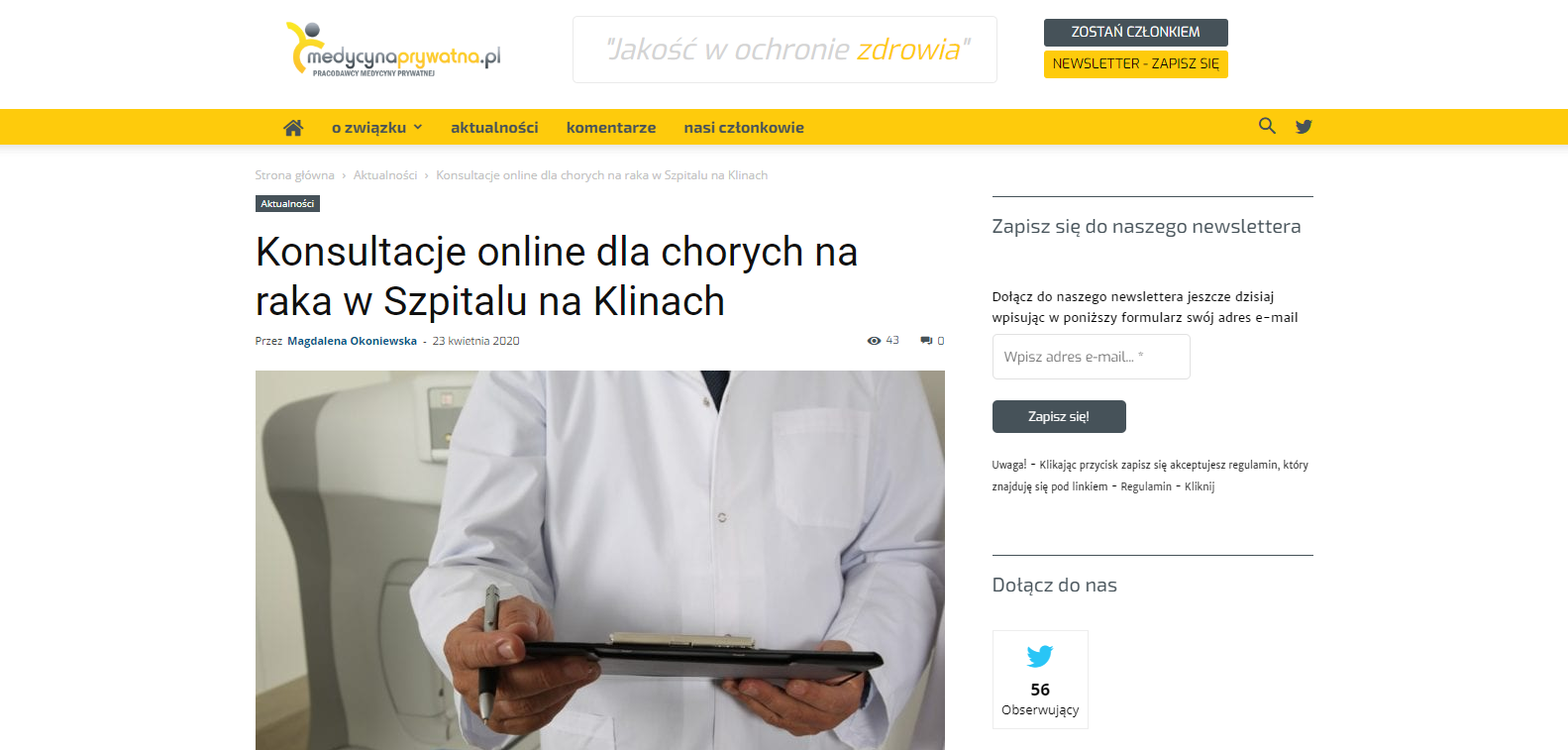 Konsultacje online dla chorych na raka w Szpitalu na Klinach