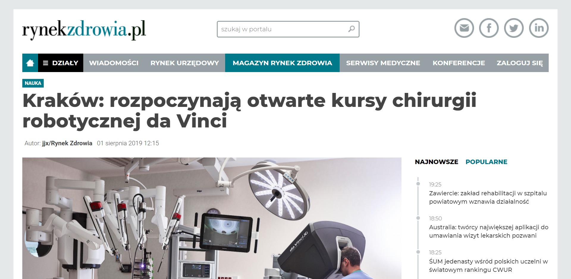 Kraków rozpoczynają otwarte kursy chirurgii robotycznej da Vinci