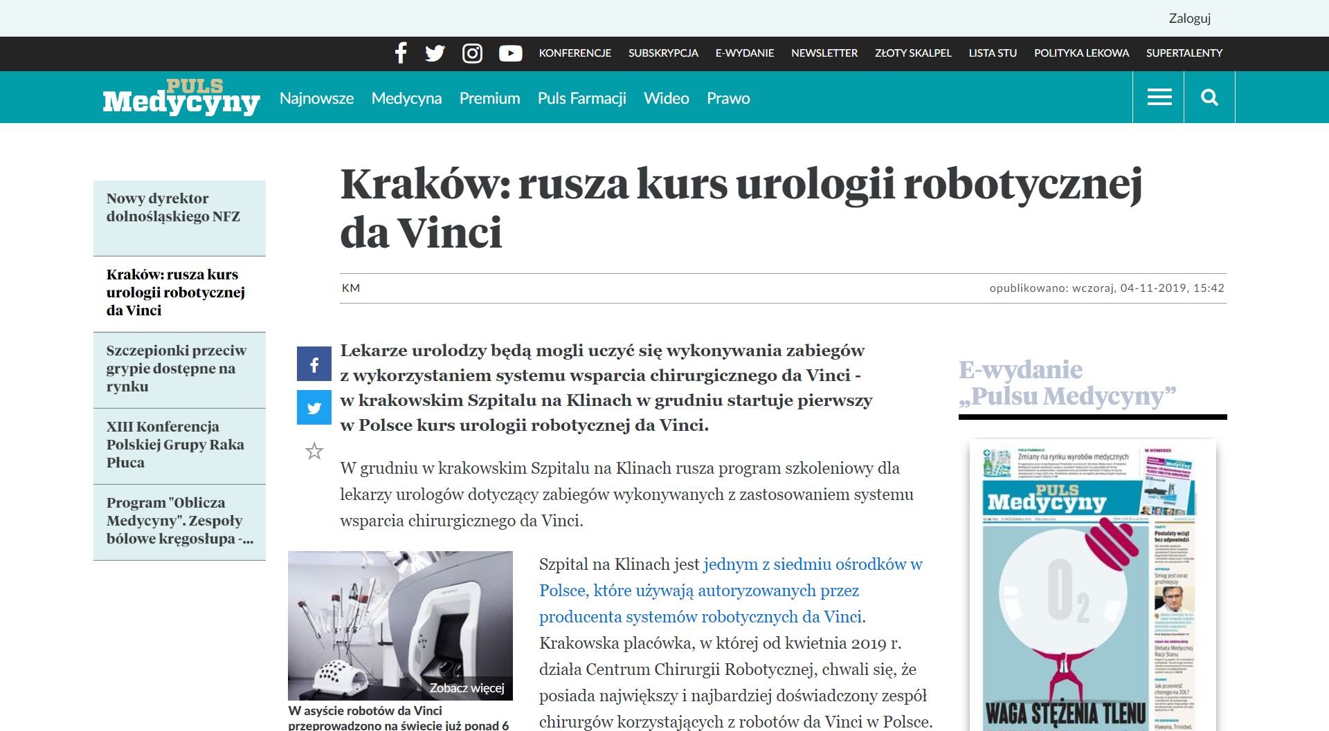Kraków rusza kurs urologii robotycznej da Vinci