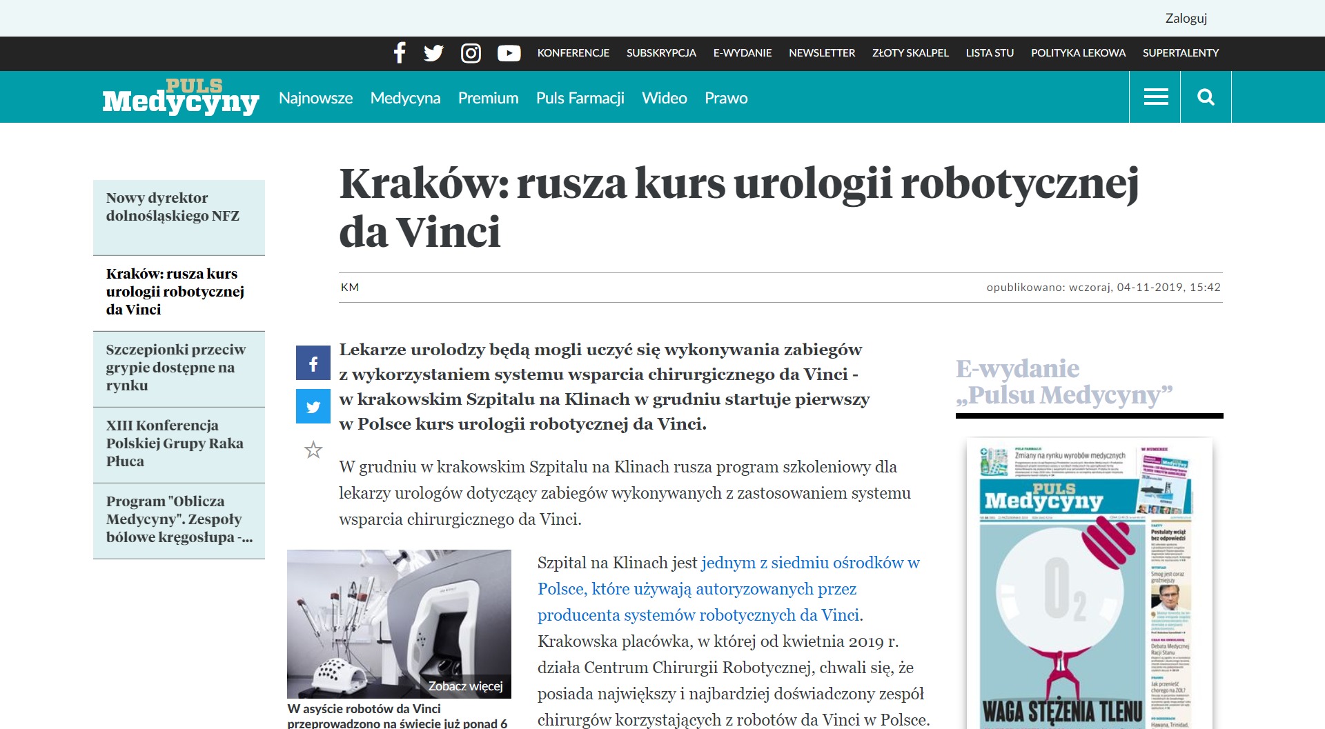 Kraków rusza kurs urologii robotycznej da Vinci