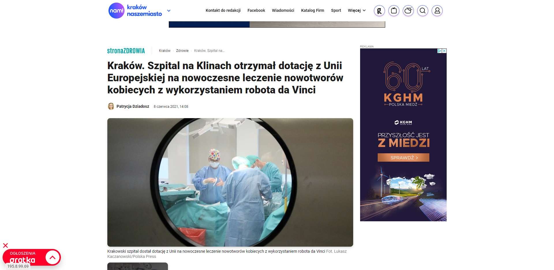 krakow szpital na klinach otrzymal dotacje z unii europejskiej na nowoczesne leczenie nowotworow kobiecych z wykorzystaniem robota da vinci