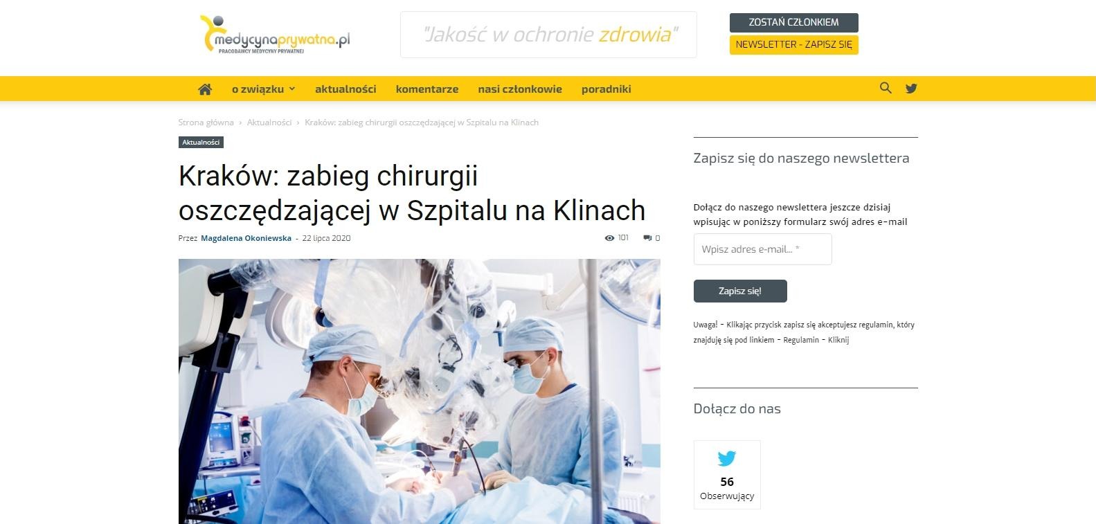 krakow zabieg chirurgii oszczedzajacej w szpitalu na klinach