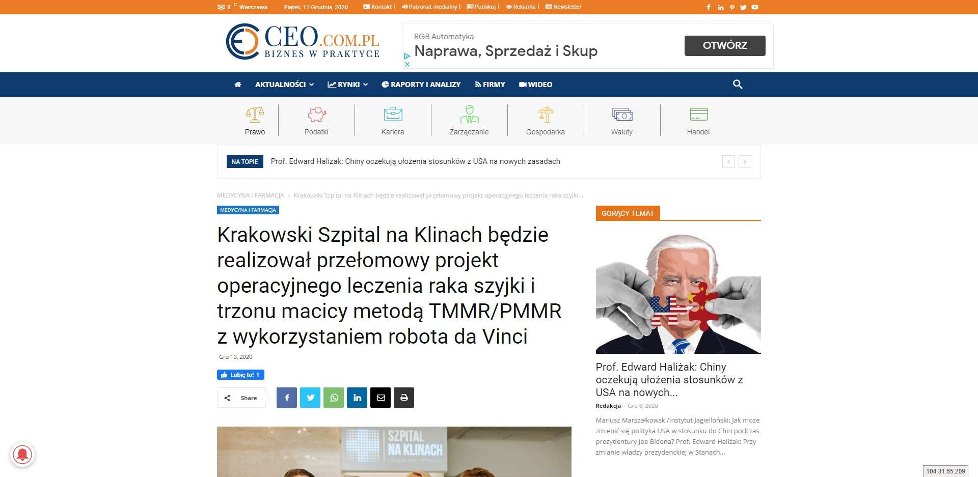 krakowski szpital na klinach bedzie realizowal przelomowy projekt operacyjnego leczenia raka szyjki i trzonu macicy metoda tmmr pmmr z wykorzystaniem robota da vinci