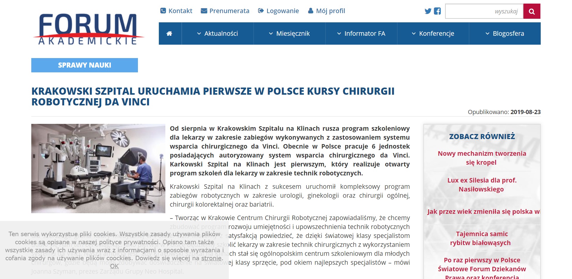 Krakowski szpital uruchamia pierwsze w polsce kursy chirurgii robotycznej da Vinci