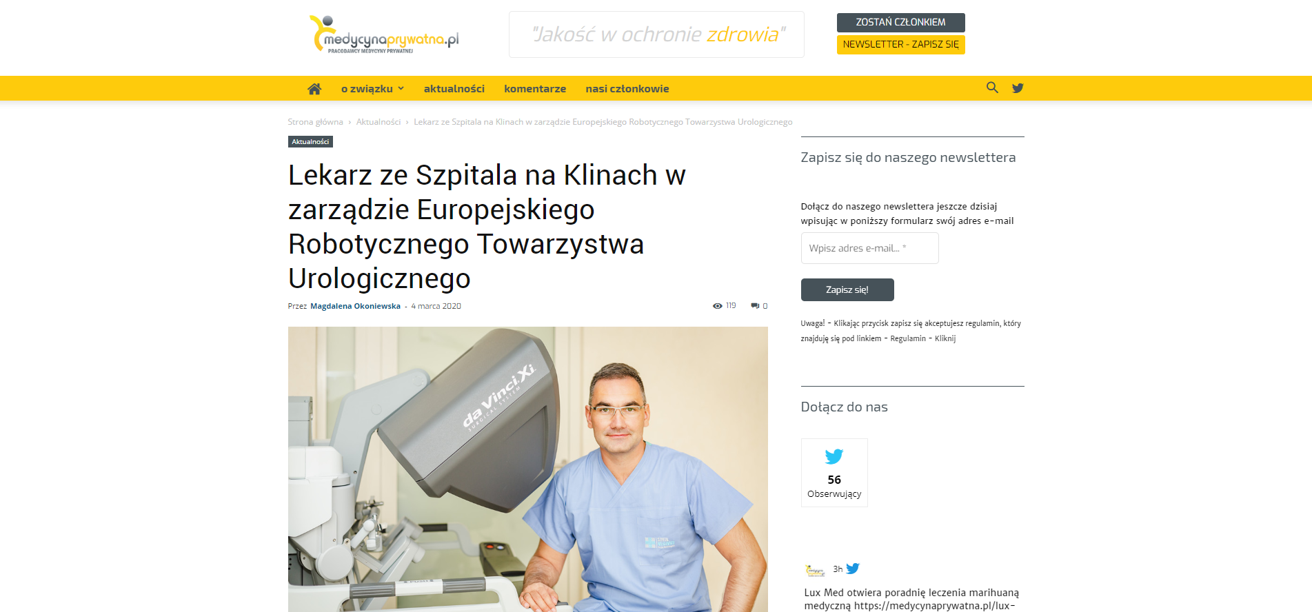 Lekarz ze Szpitala na Klinach w zarządzie Europejskiego Robotycznego Towarzystwa Urologiczneg