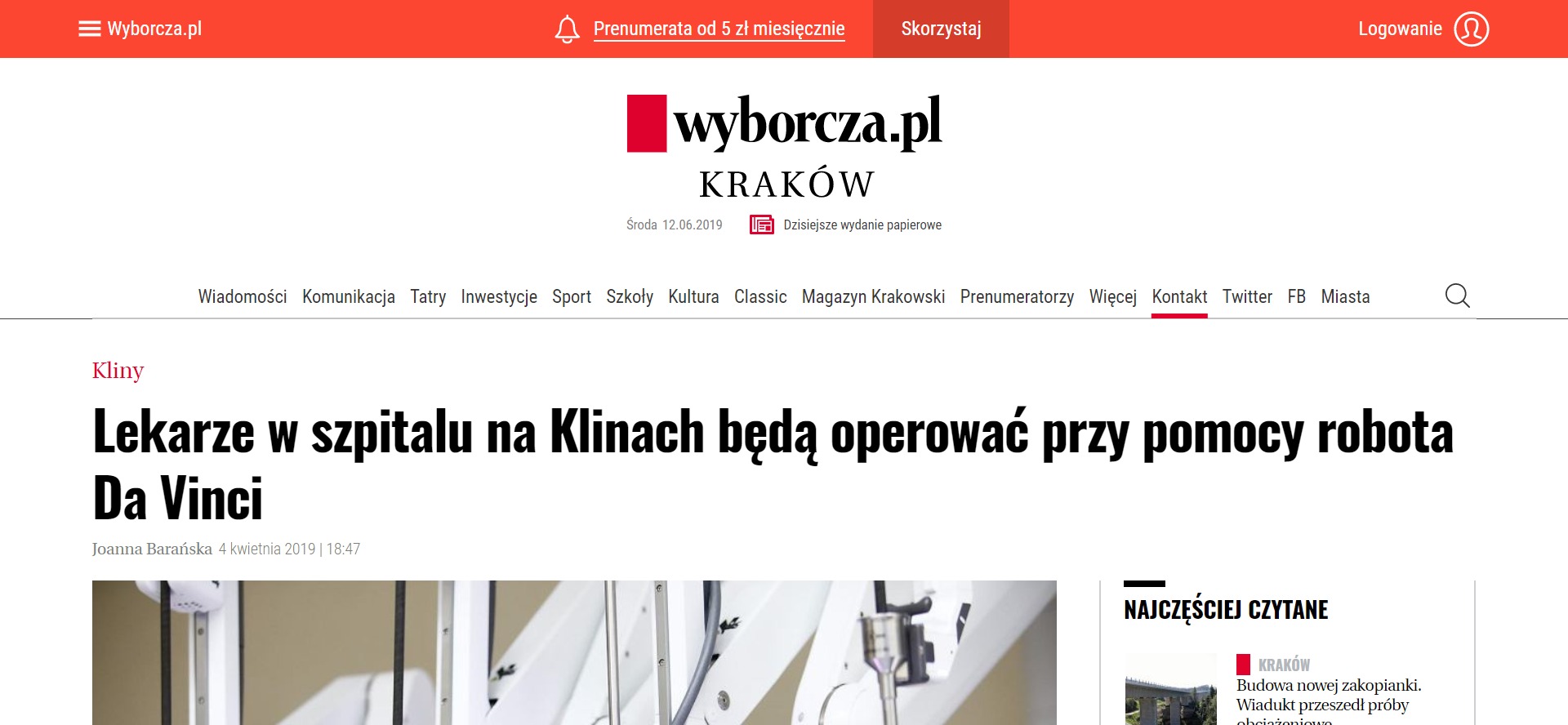 Lekarze w szpitalu na Klinach będą operować przy pomocy robota Da Vinci