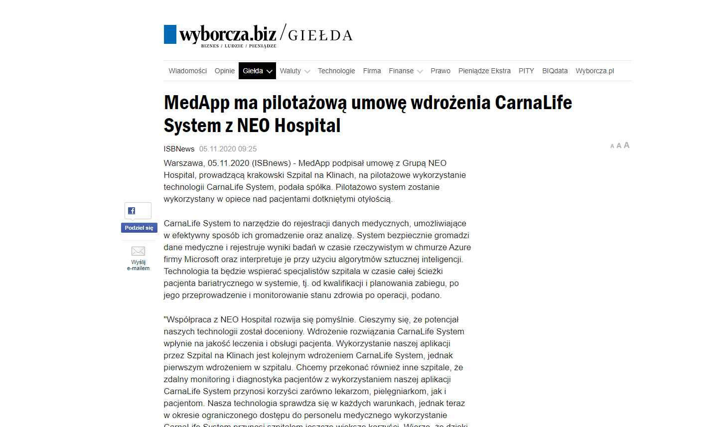 medapp ma pilotazowa umowe wdrozenia carnalife system z neo hospital