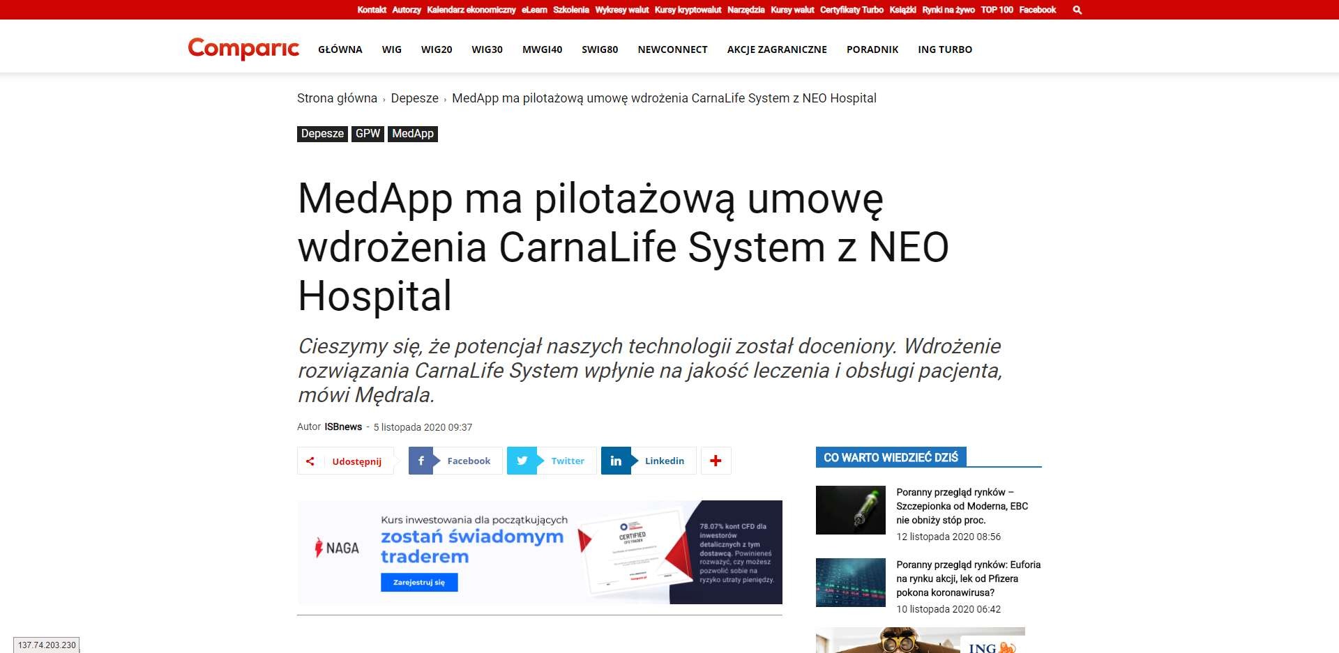 medapp ma pilotazowa umowe wdrozenia carnalife system z neo hospital