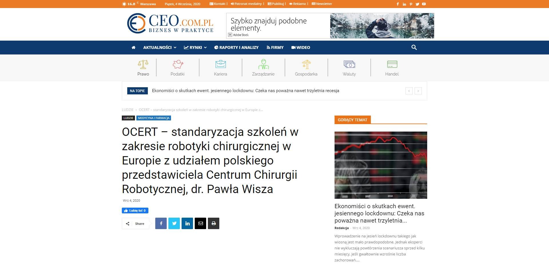ocert standaryzacja szkolen w zakresie robotyki chirurgicznej w europie z udzialem polskiego przedstawiciela centrum chirurgii robotycznej dr pawla wisza