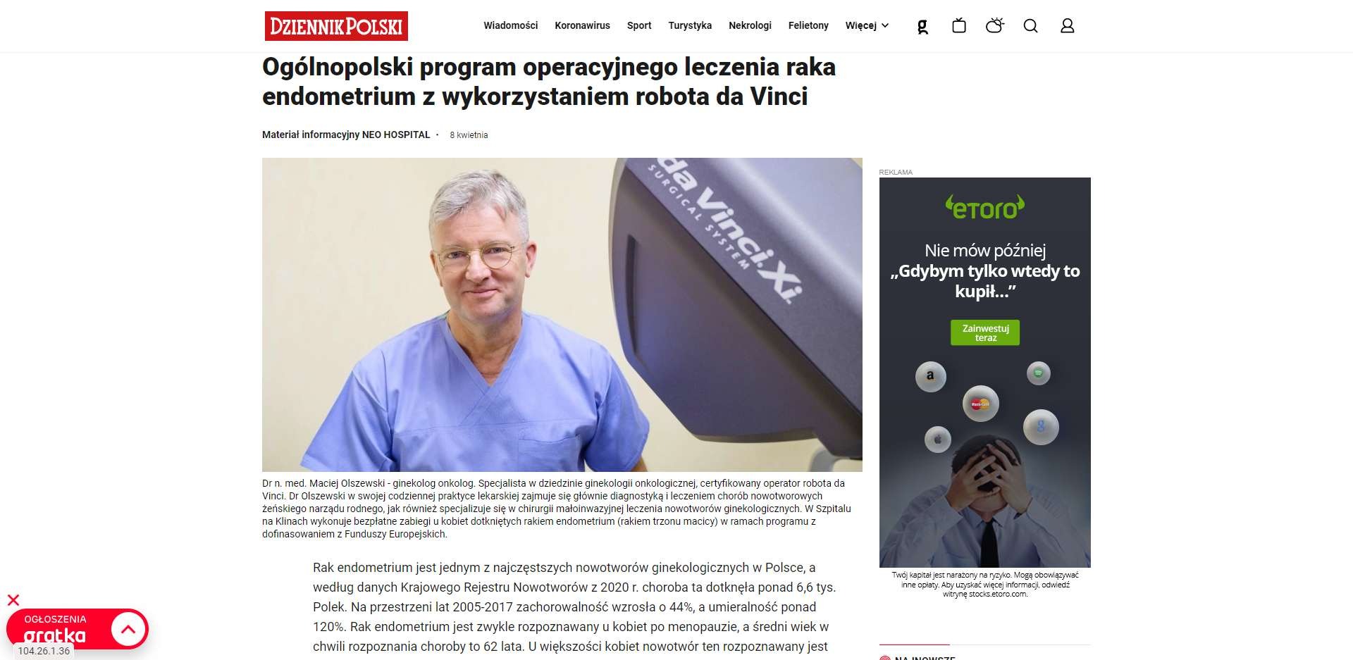 ogolnopolski program operacyjnego leczenia raka endometrium z wykorzystaniem robota da vinci