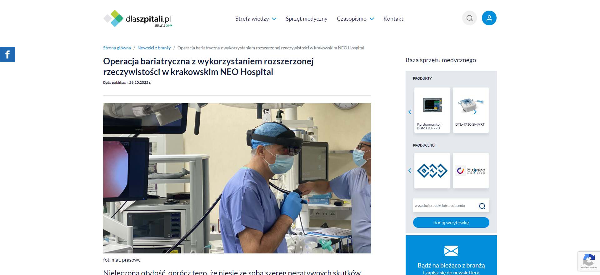 operacja bariatryczna z wykorzystaniem rozszerzonej rzeczywistosci w krakowskim neo hospital