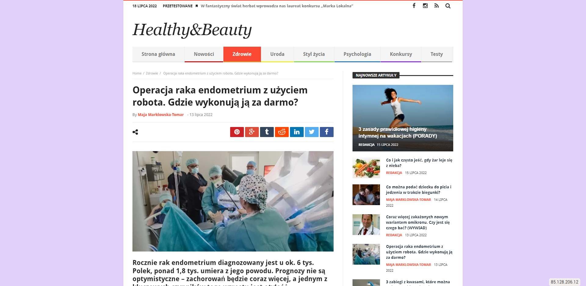 operacja raka endometrium z uzyciem robota gdzie wykonuja ja za darmo