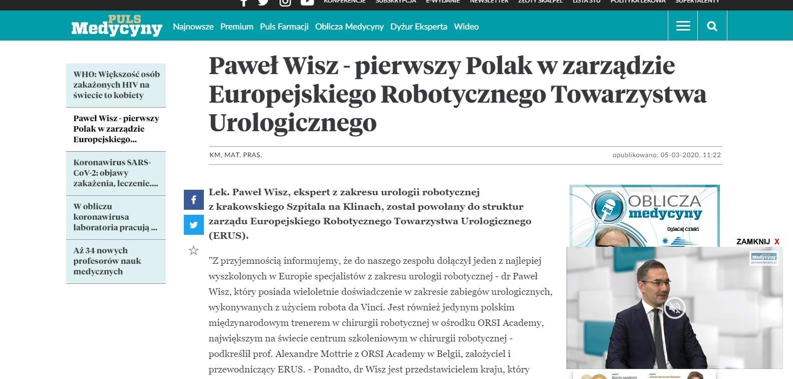 pawel wisz pierwszy polak w zarzadzie europejskiego robotycznego towarzystwa urologicznego