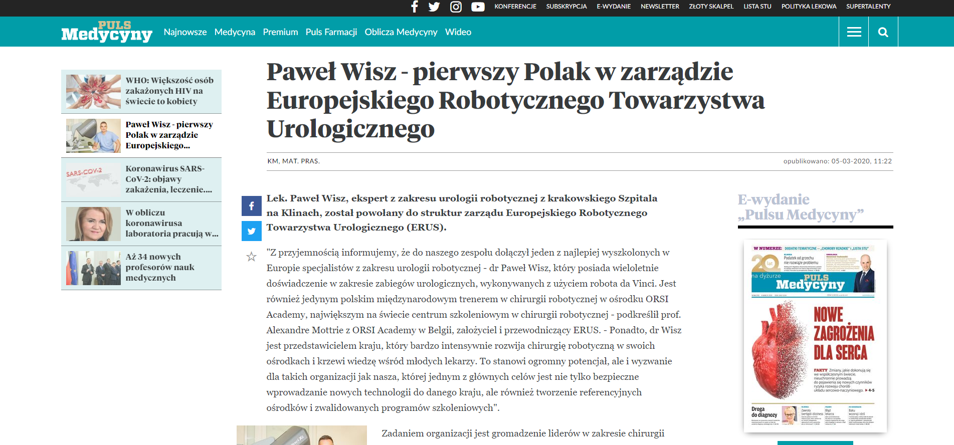 Paweł Wisz - pierwszy Polak w zarządzie Europejskiego Robotycznego Towarzystwa Urologicznego