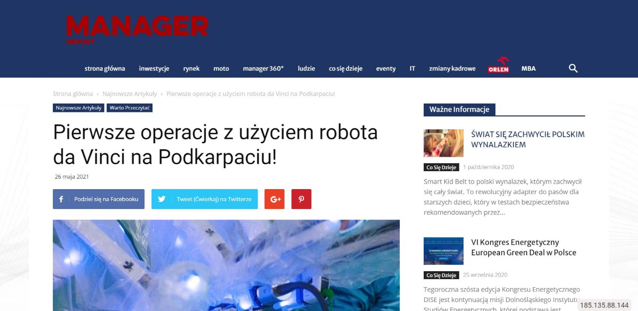pierwsze operacje z uzyciem robota da vinci na podkarpaciu