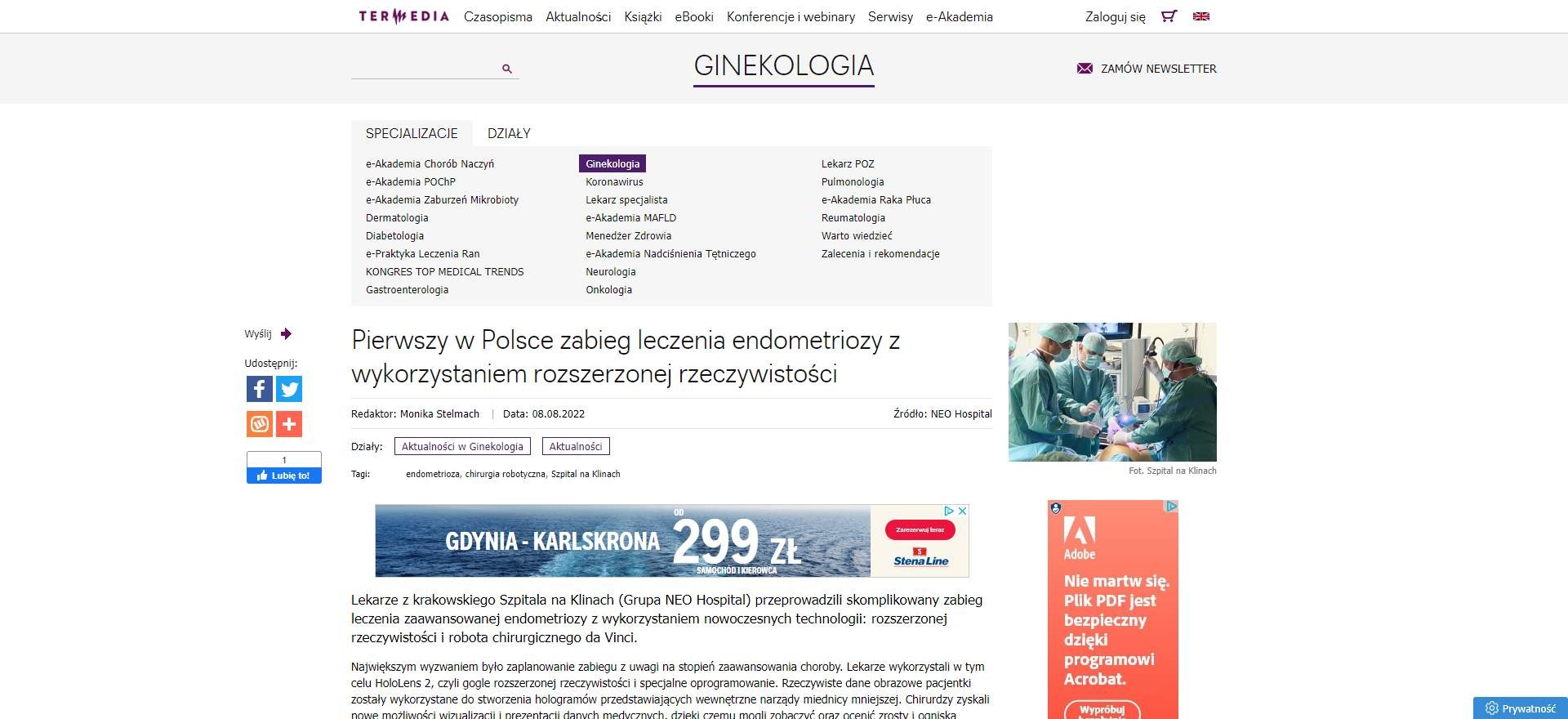 pierwszy w polsce zabieg leczenia endometriozy z wykorzystaniem rozszerzonej rzeczywistosci
