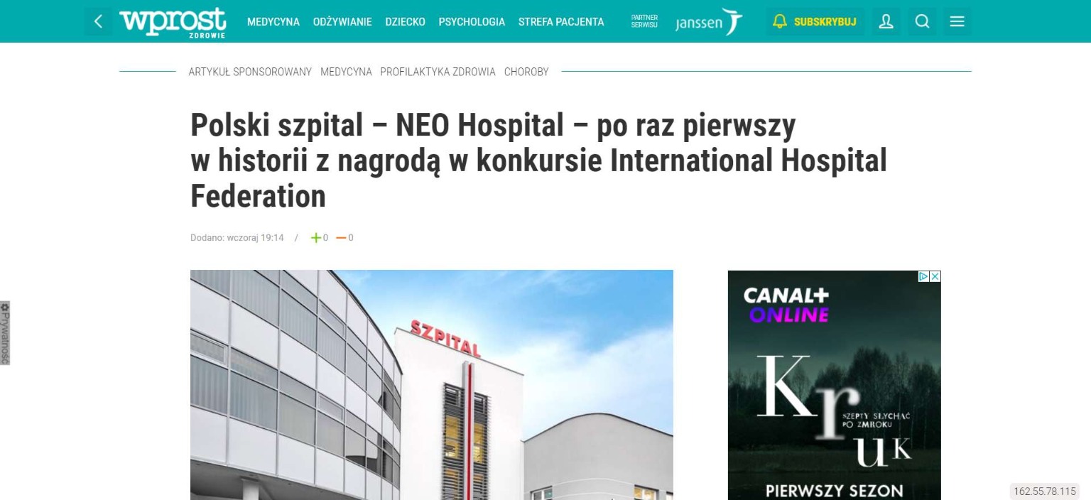 polski szpital neo hospital po raz pierwszy w historii z nagroda w konkursie international hospital federation