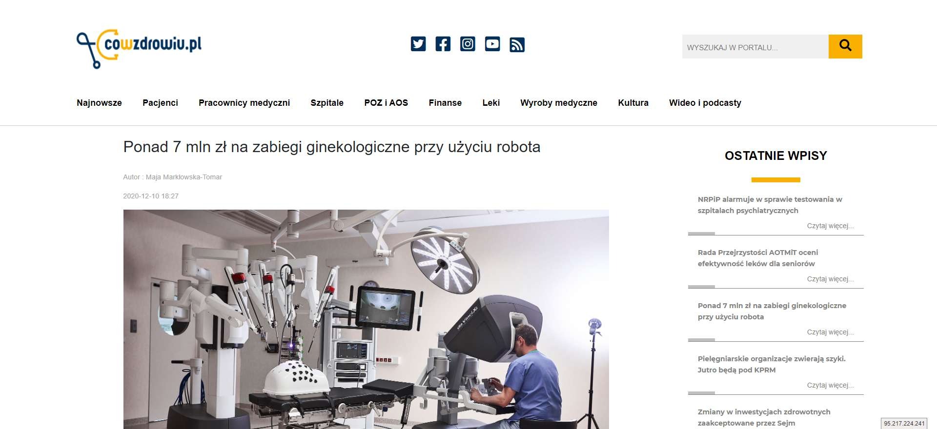 ponad mln zl na zabiegi ginekologiczne przy uzyciu robota
