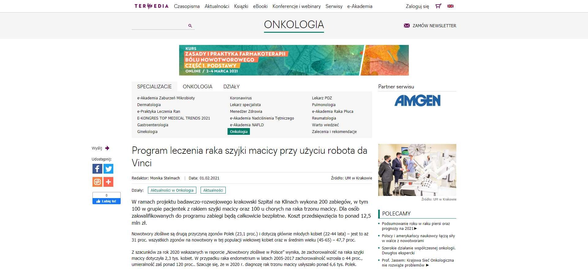 program leczenia raka szyjki macicy przy uzyciu robota da vinci