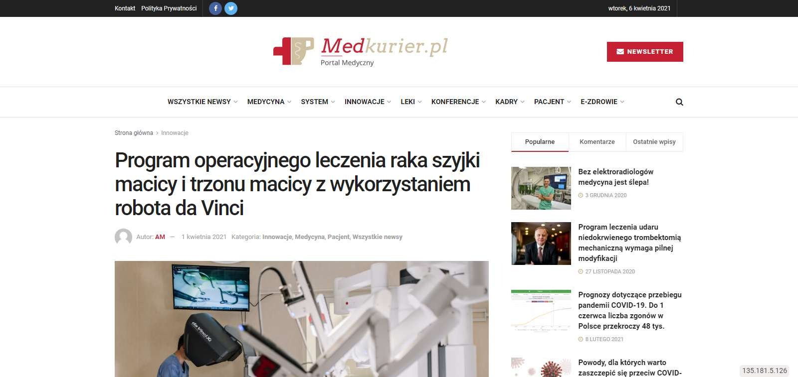 program operacyjnego leczenia raka szyjki macicy i trzonu macicy z wykorzystaniem robota da vinci