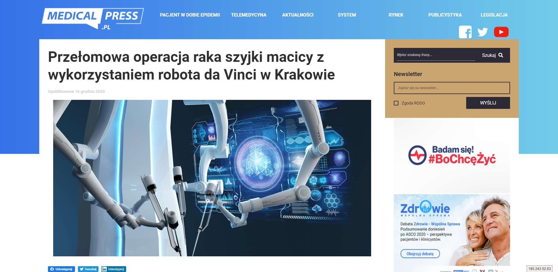 przelomowa operacja raka szyjki macicy z wykorzystaniem robota da vinci w krakowie