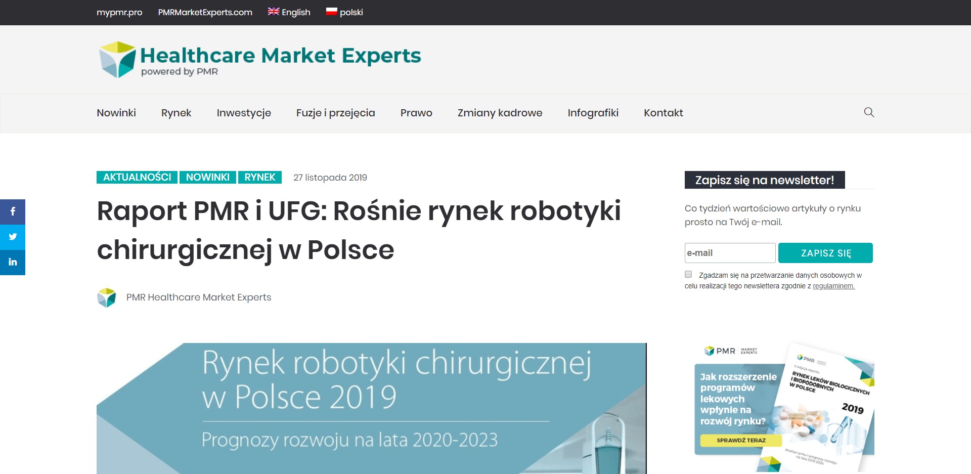 Raport PMR i UFG: Rośnie rynek robotyki chirurgicznej w Polsce