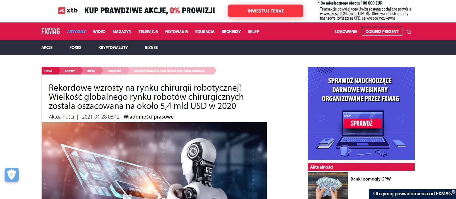 rekordowe wzrosty na rynku chirurgii robotycznej wielkosc globalnego rynku robotow chirurgicznych zostala oszacowana na okolo mld usd w