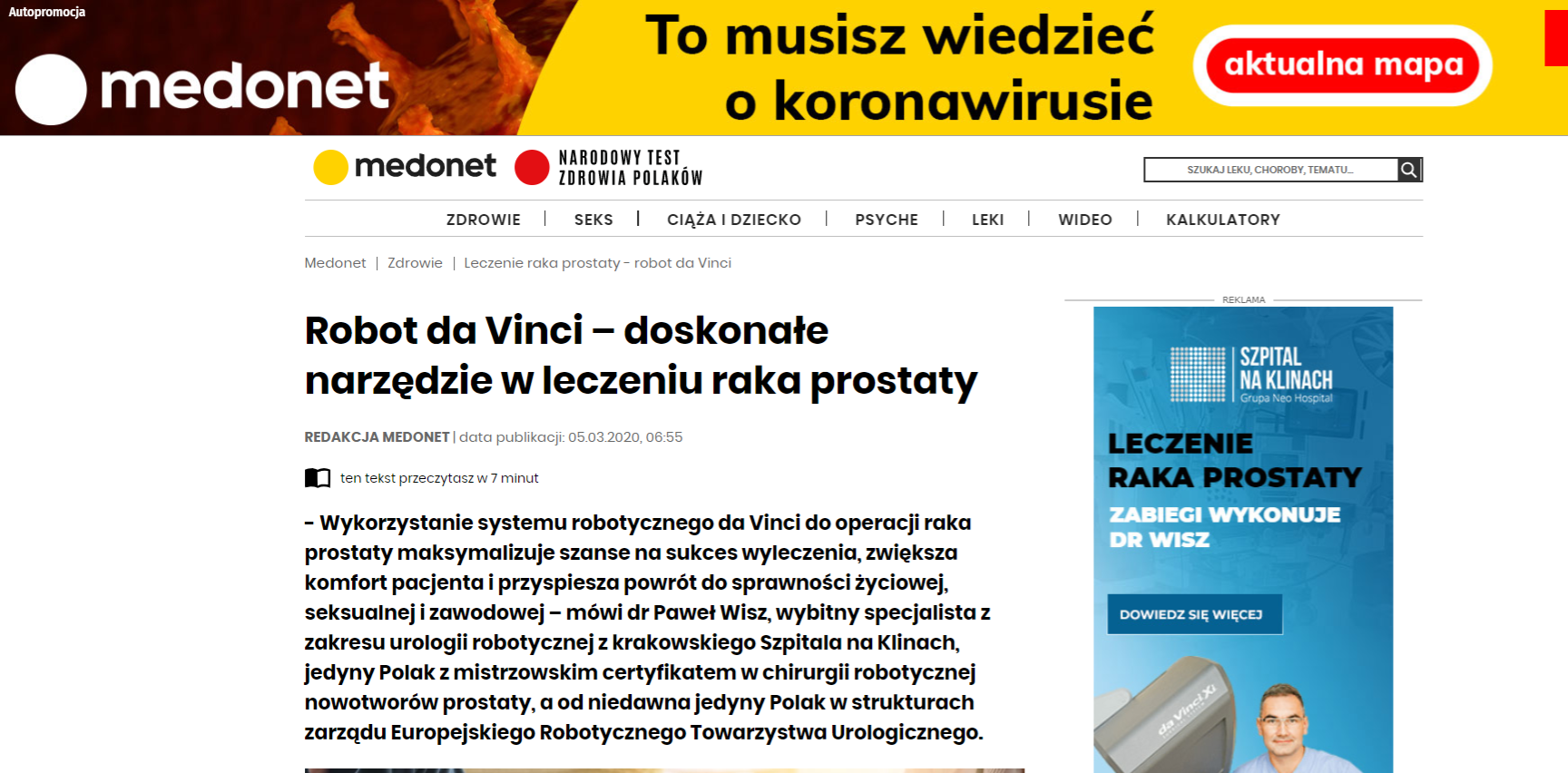 Robot da Vinci – doskonałe narzędzie w leczeniu raka prostaty