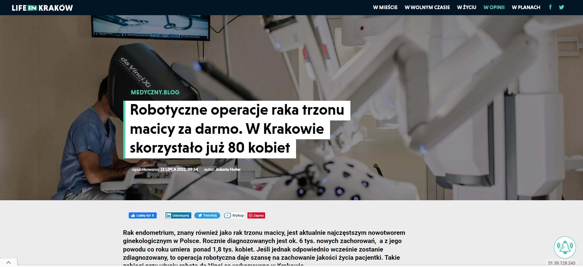 robotyczne operacje raka trzonu macicy za darmo w krakowie skorzystalo juz kobiet