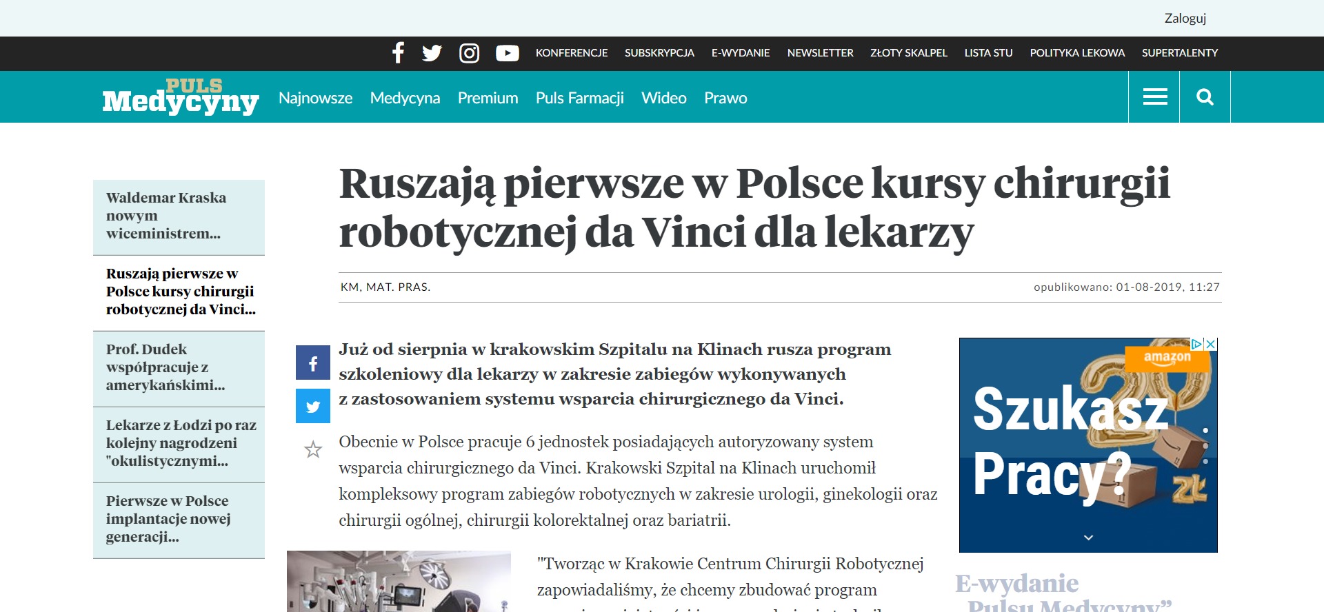 Ruszają pierwsze w Polsce kursy chirurgii robotycznej da Vinci dla lekarzy