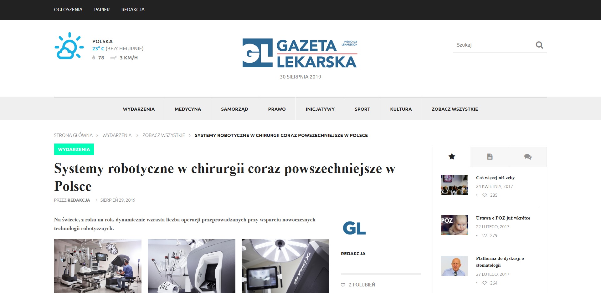 Systemy robotyczne w chirurgii coraz powszechniejsze w Polsce