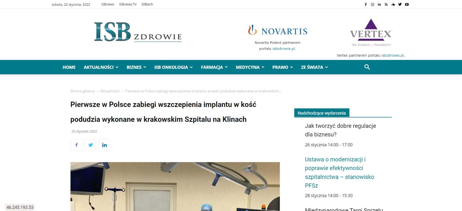 szpital na klinach jako jedyny w polsce i jeden z nielicznych osrodkow na swiecie wykonuje zabiegi osseointegracji