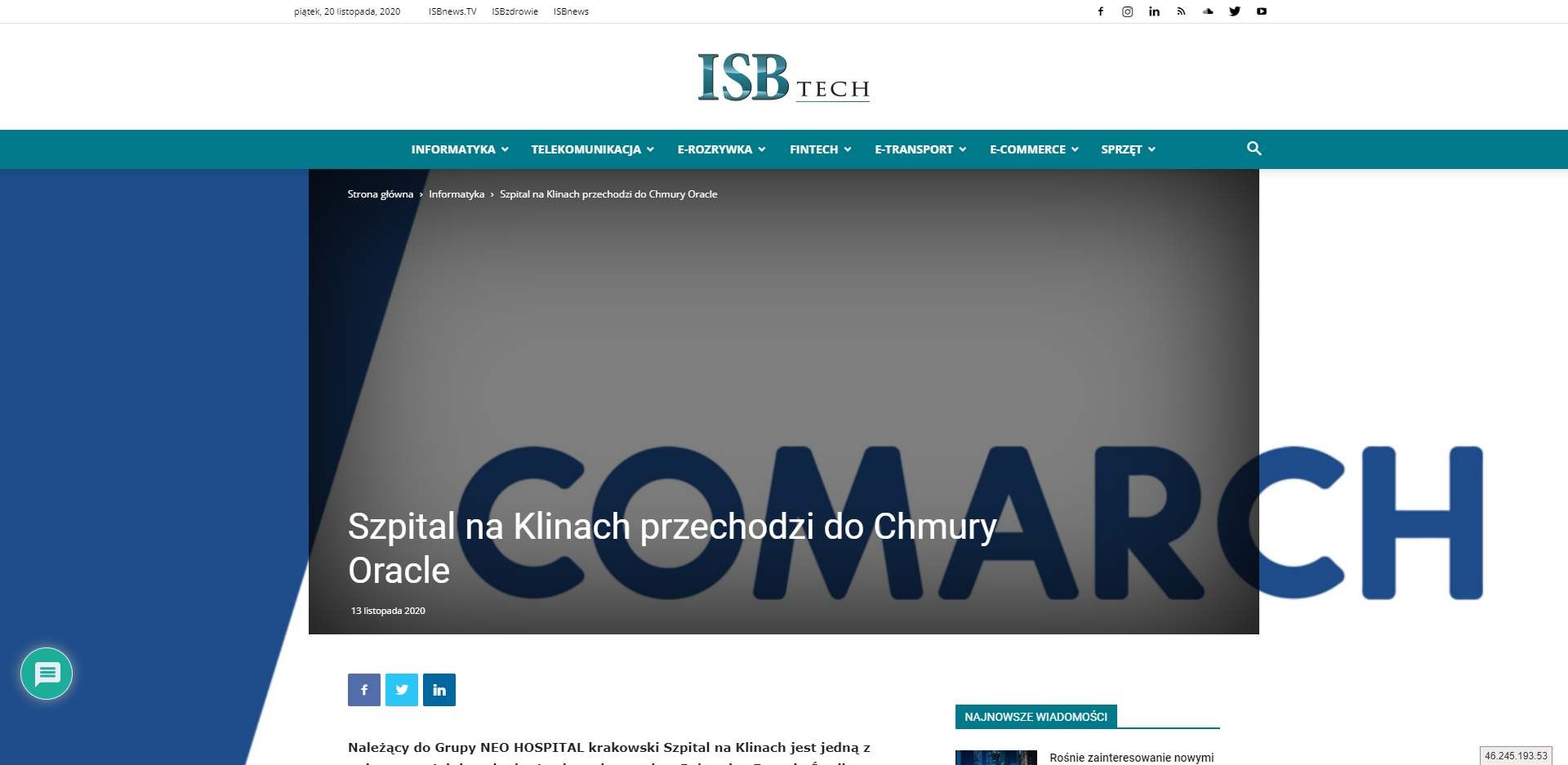 szpital na klinach przechodzi do chmury oracle