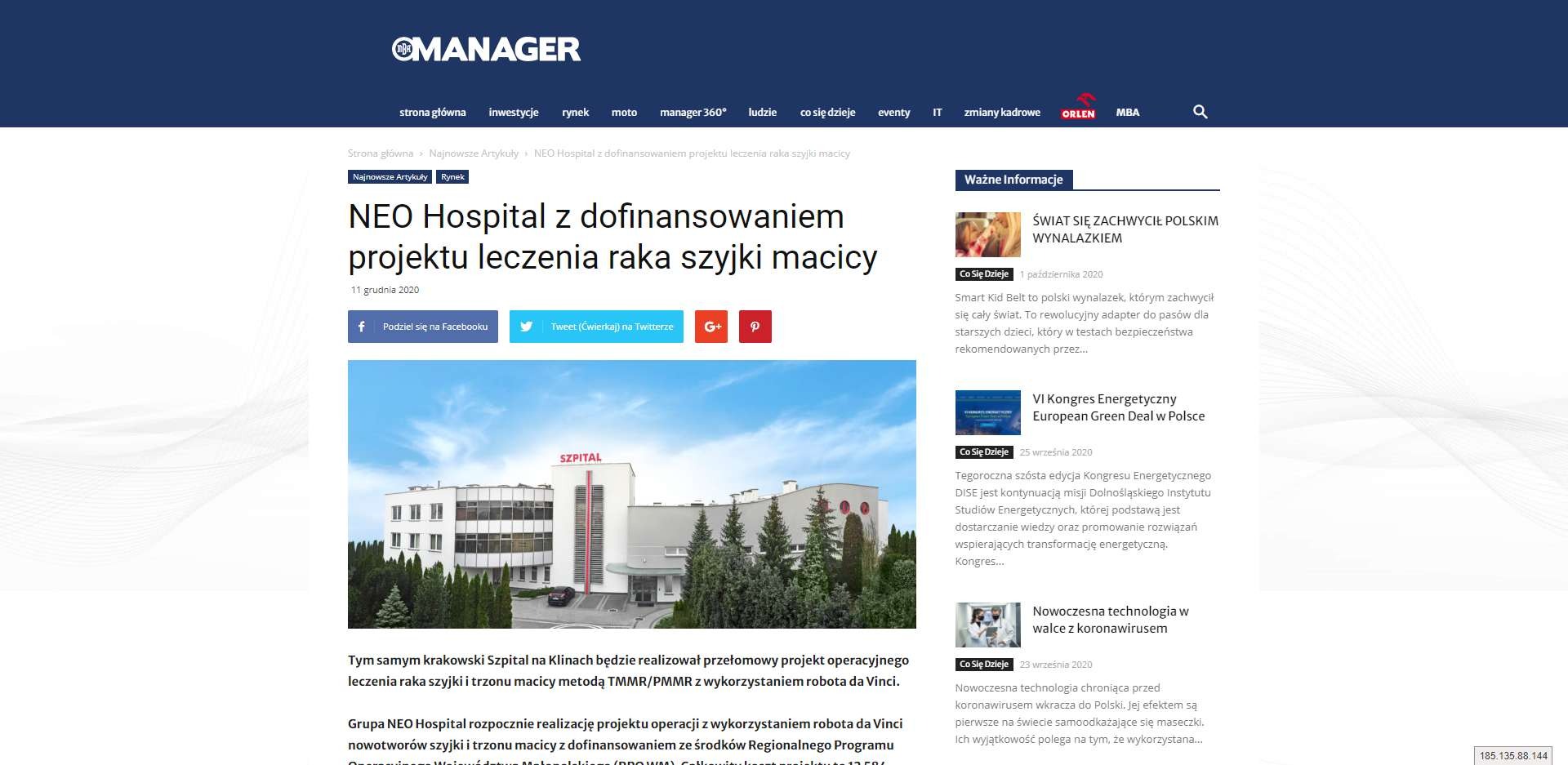 tym samym krakowski szpital na klinach bedzie realizowal przelomowy projekt operacyjnego leczenia raka szyjki i trzonu macicy metoda tmmr pmmr z wykorzystaniem robota da vinci