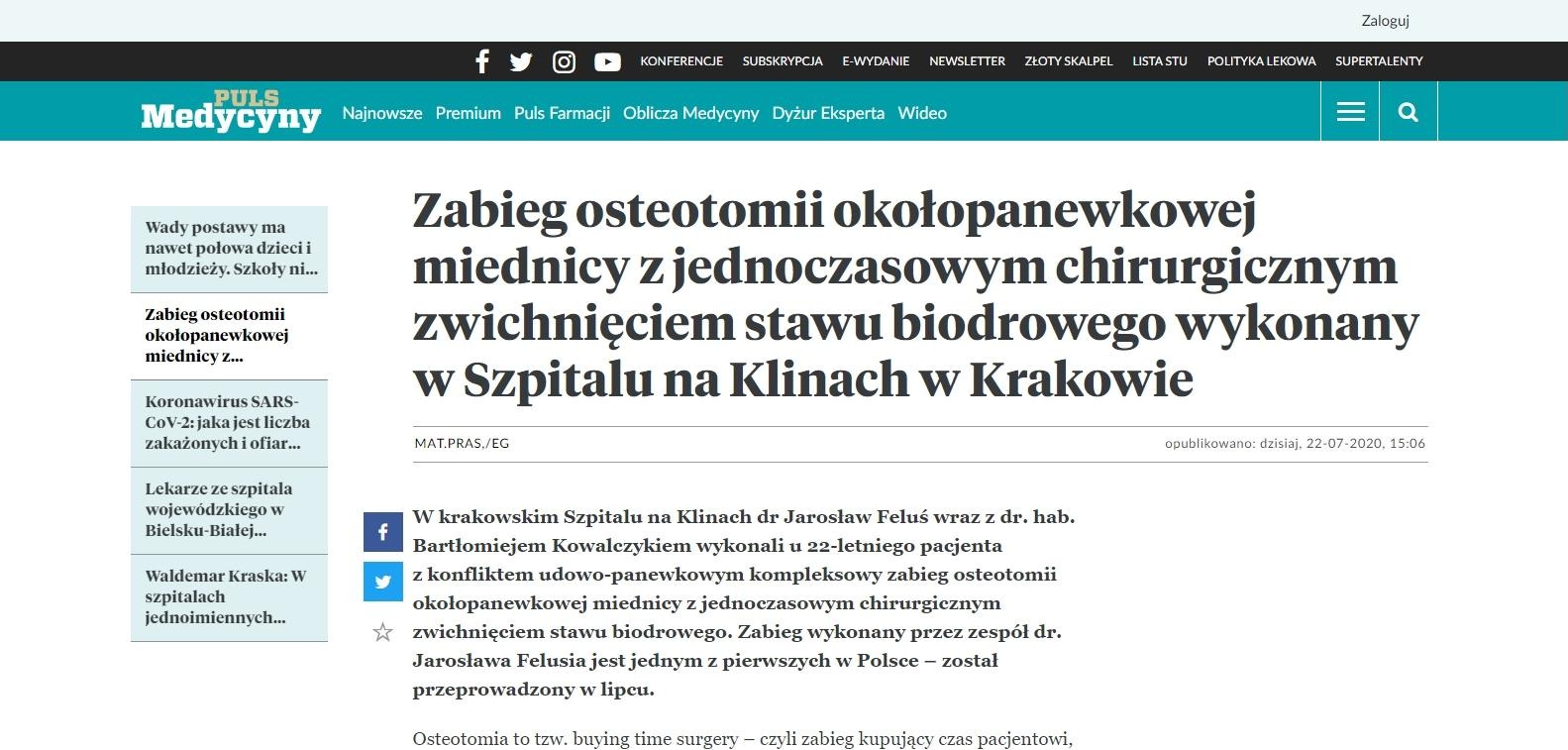 Zabieg osteotomii okołopanewkowej miednicy z jednoczasowym chirurgicznym zwichnięciem stawu biodrowego wykonany w Szpitalu na Klinach w Krakowie